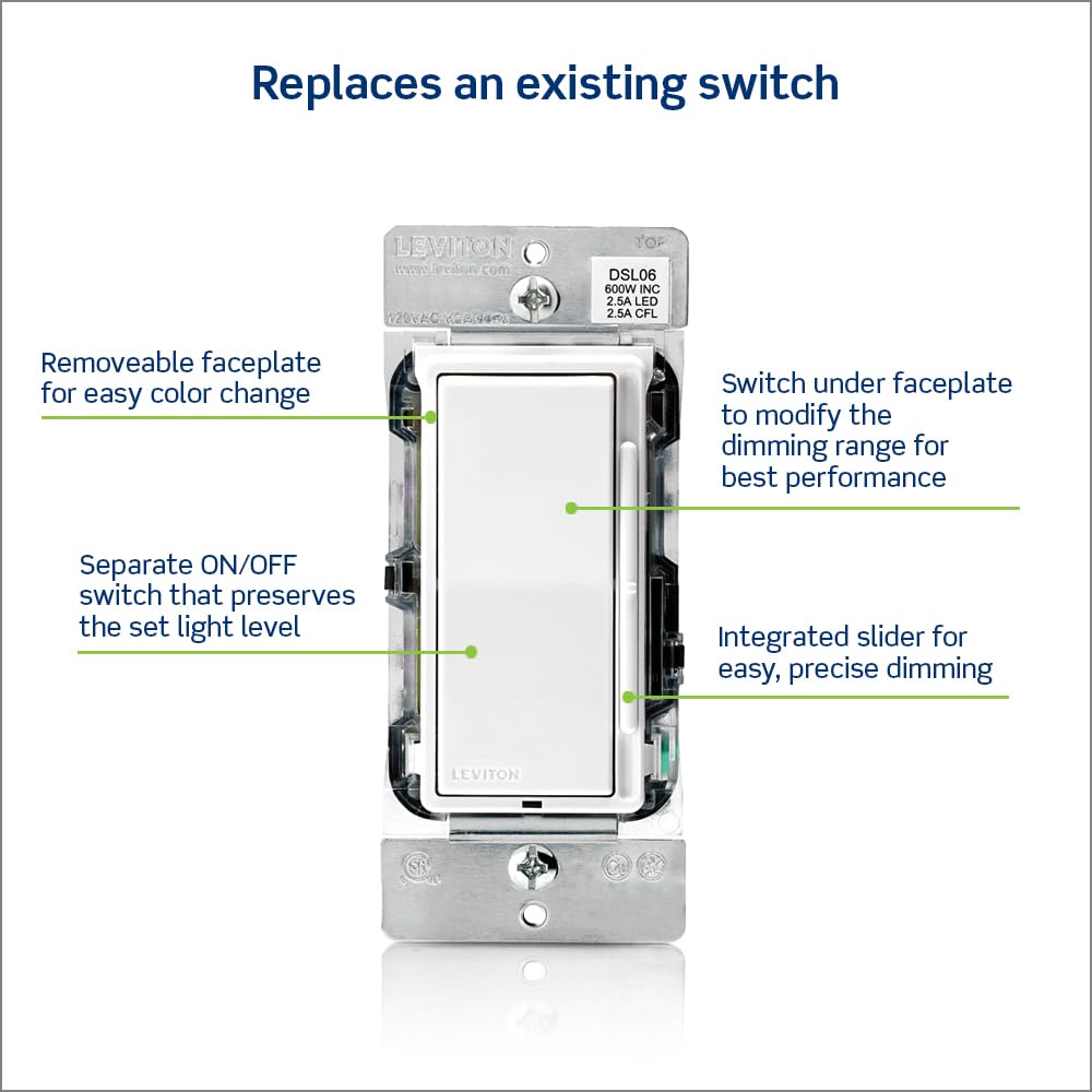 Leviton slide dimmer close-up shows precise brightness control