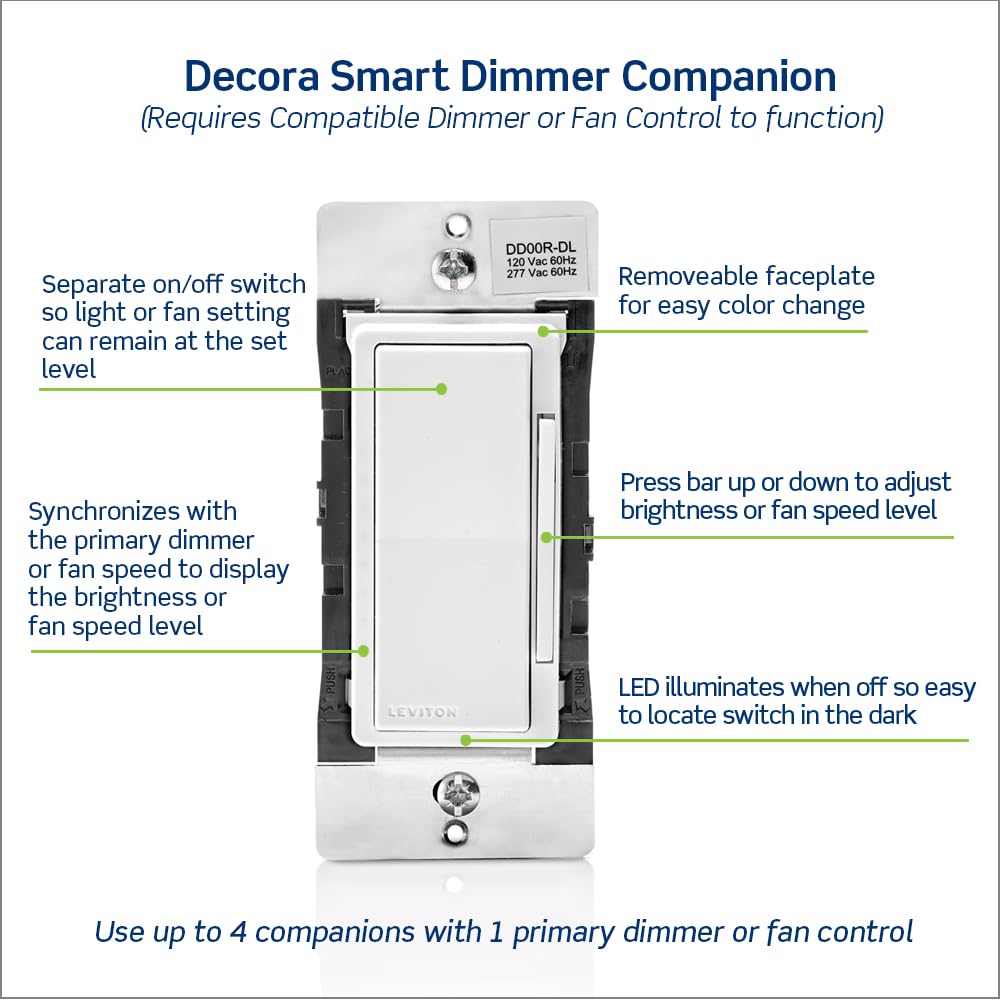 Leviton Decora Smart Dimmer Companion 3-way installation in living room setup.