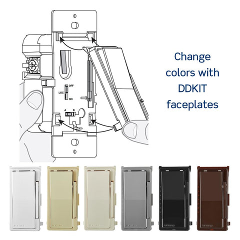 Leviton Decora Smart Dimmer Companion color-changeable faceplate with multiple finishes.