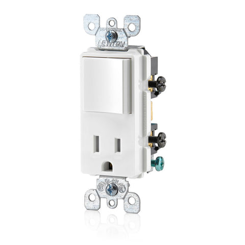 Leviton Decora combo switch and receptacle white front view showing space-saving design