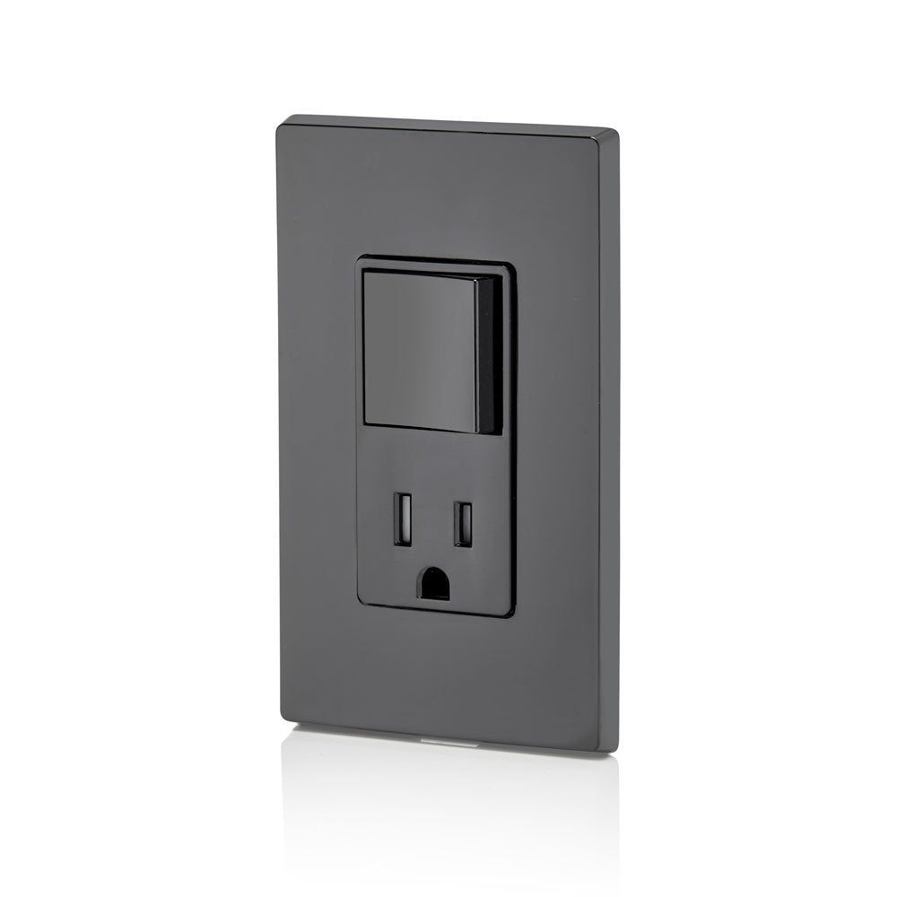 Leviton Decora receptacle close-up in black, rugged interior for long-lasting performance