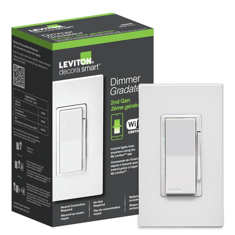 Leviton Decora Smart Dimmer wallplate white, blends with decor while enabling smart lighting.