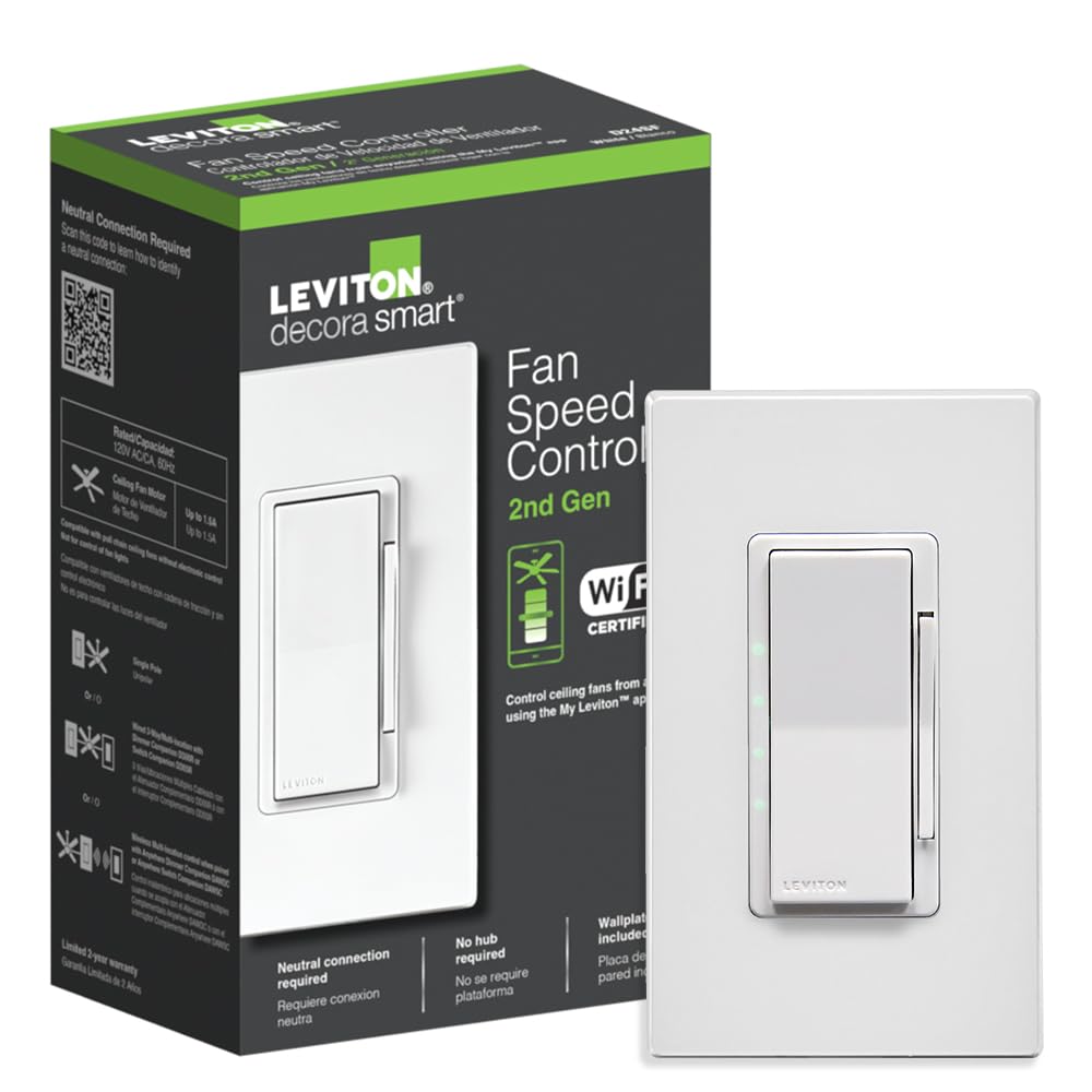 Leviton Decora Smart Fan Speed Controller front view with easy wall install