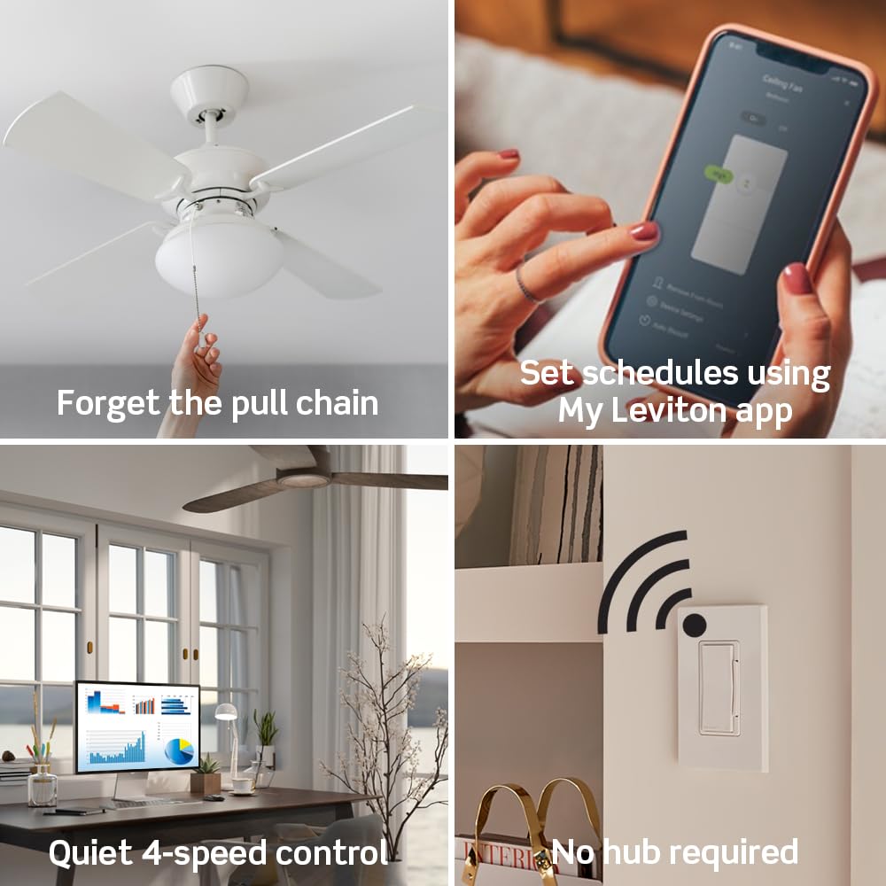 Leviton Decora Smart Fan Speed Controller with LED indicators showing speed