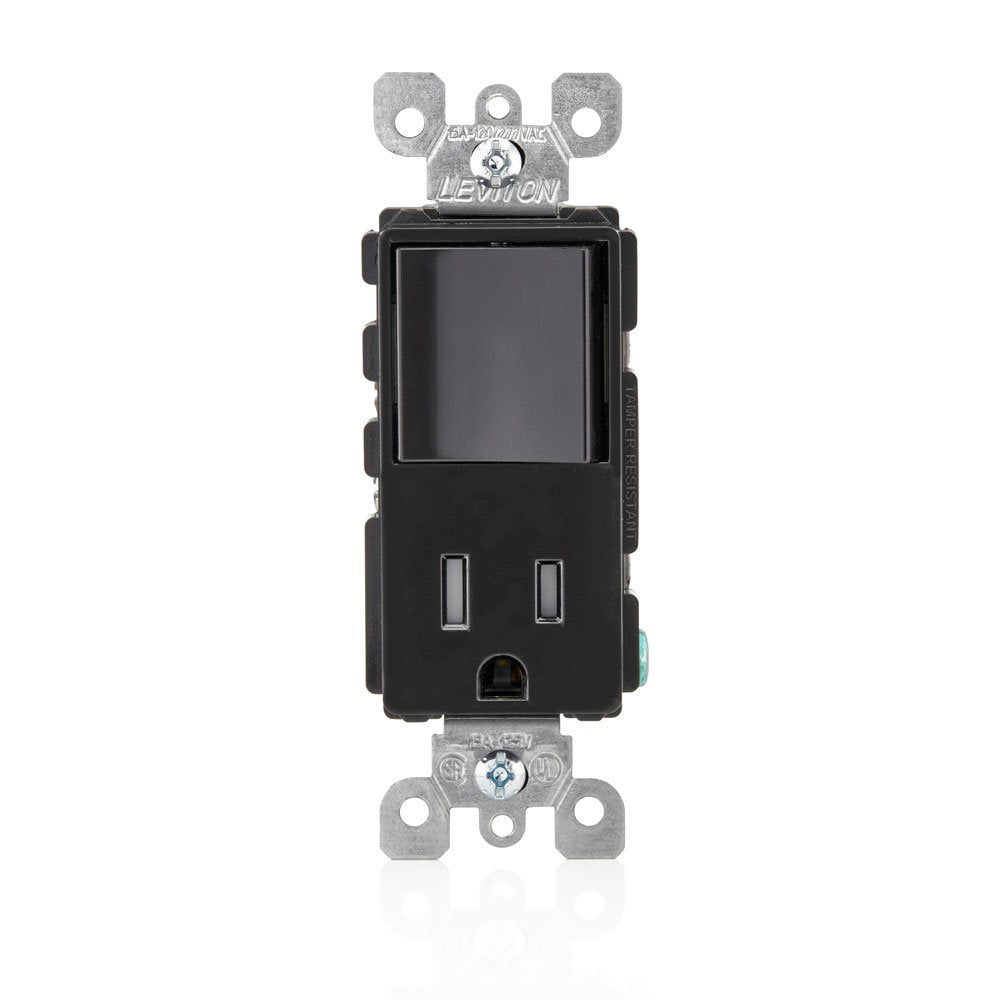 Leviton Decora tamper-resistant receptacle close-up in black, safe power access