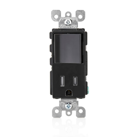 Leviton Decora tamper-resistant receptacle close-up in black, safe power access