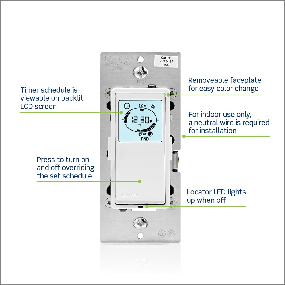 Back panel view of Leviton timer switch showing housing and terminals.