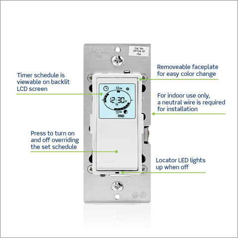 Back panel view of Leviton timer switch showing housing and terminals.