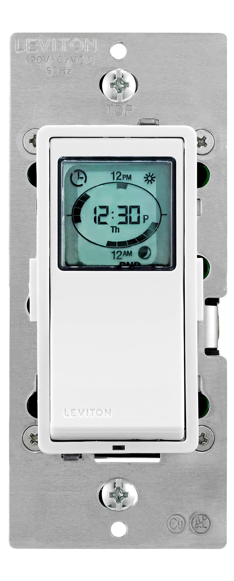 Leviton Decora timer switch front view with programmable schedule display for energy savings.