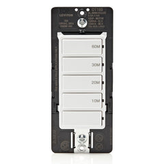 Leviton DT160-1LW countdown timer switch on wall controls a load with preset times.