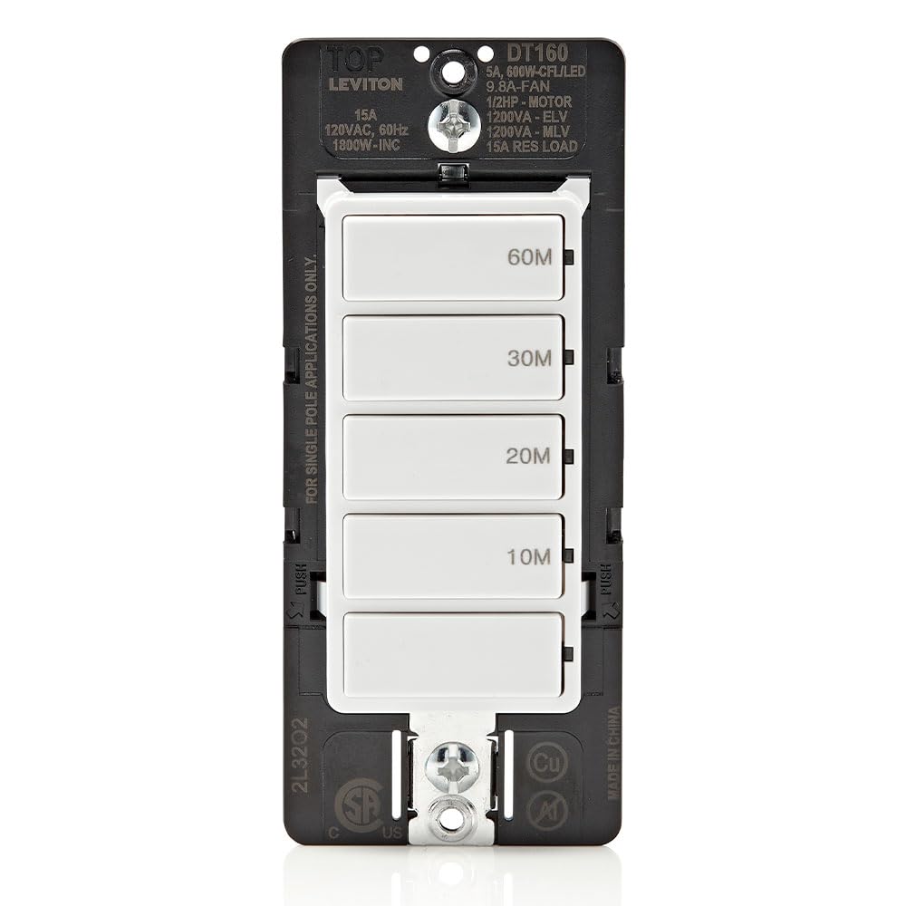 Leviton DT160-1LW countdown timer switch on wall controls a load with preset times.