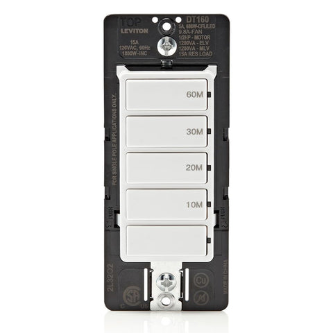 Leviton DT160-1LW countdown timer switch on wall controls a load with preset times.