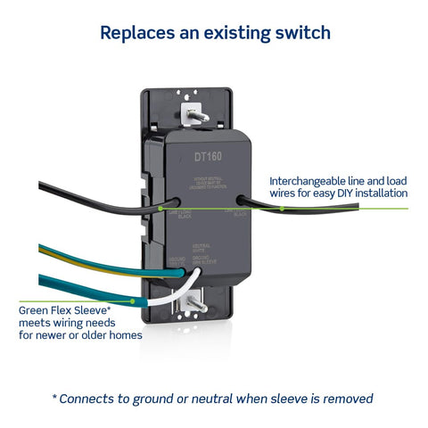 Interchangeable line and load wires on DT160-1LW reduce miswiring risk.
