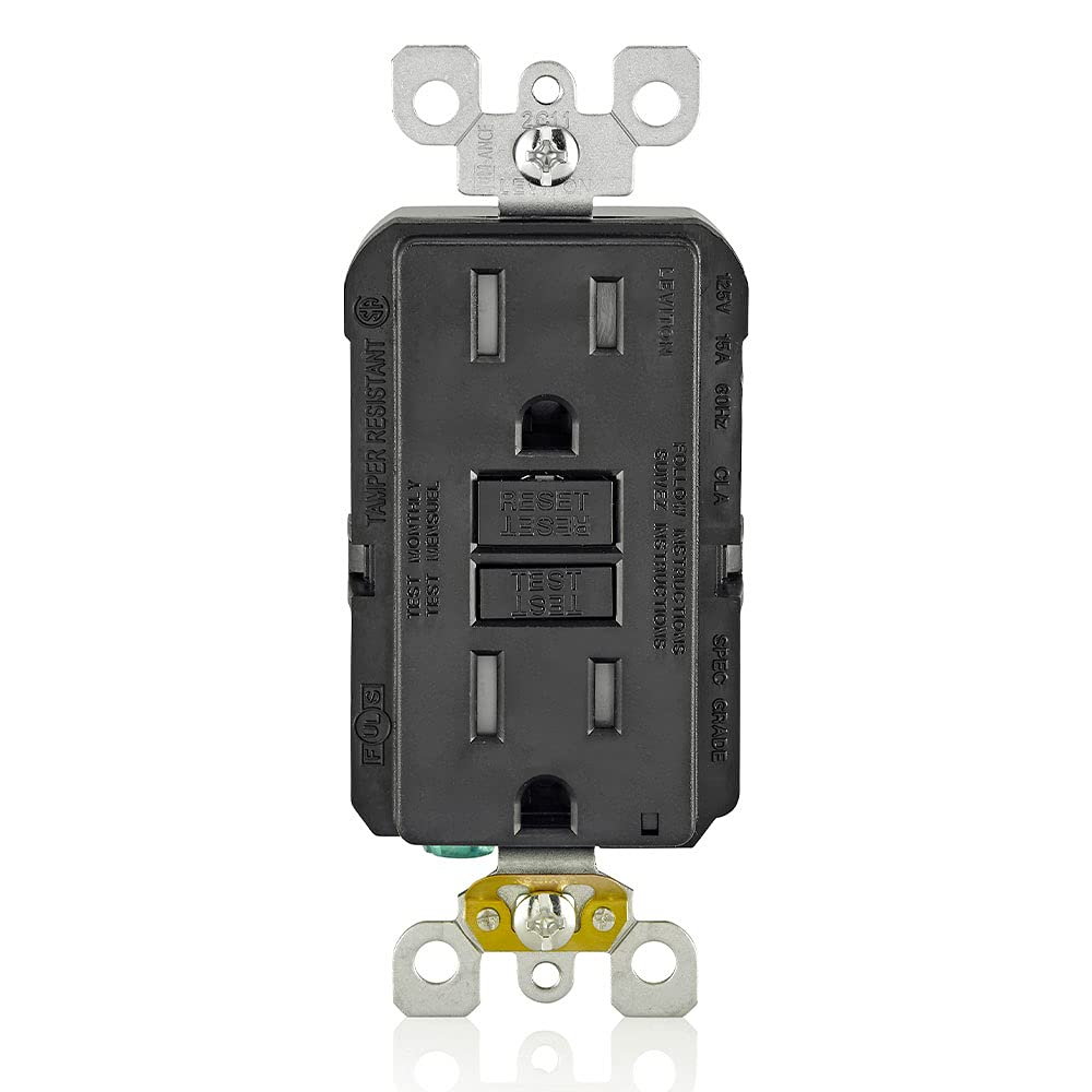 Leviton GFTR1-E 15A GFCI outlet with self-test and LED indicator for safer wet areas.