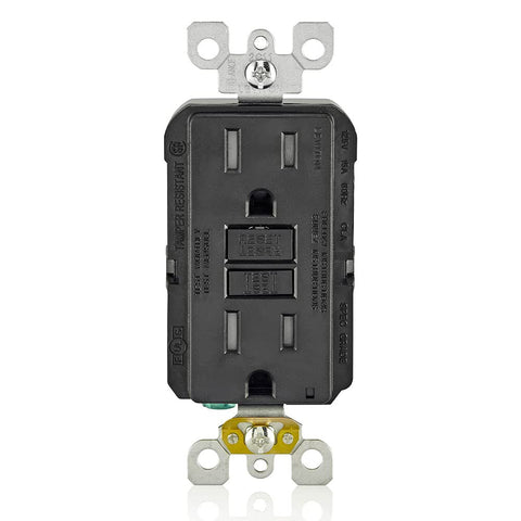 Leviton GFTR1-E 15A GFCI outlet with self-test and LED indicator for safer wet areas.