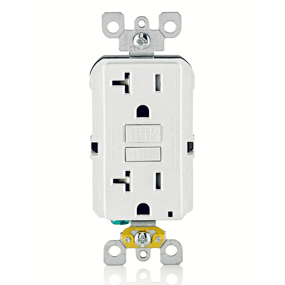 Leviton GFCI outlet front view showing 20A protection for damp areas