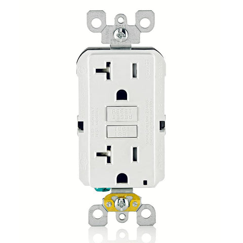 Leviton GFCI outlet front view showing 20A protection for damp areas