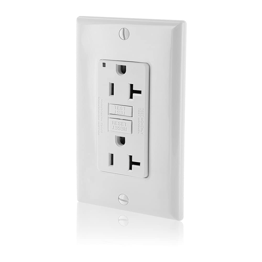 Leviton GFCI outlet with LED indicator shows protection status for safer use.