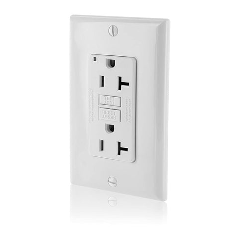Leviton GFCI outlet with LED indicator shows protection status for safer use.