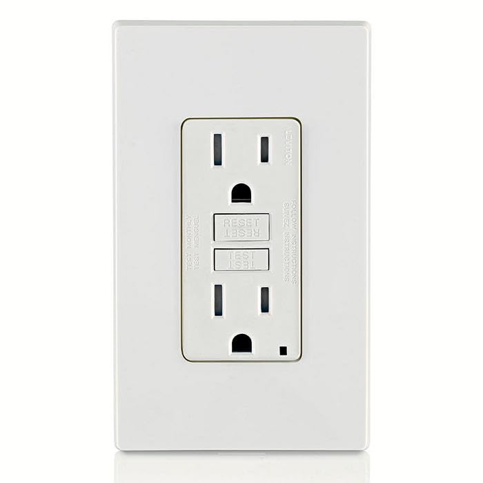 Leviton GFCI outlet in a bathroom application emphasizing splash-safe protection