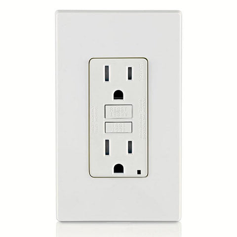 Leviton GFCI outlet in a bathroom application emphasizing splash-safe protection
