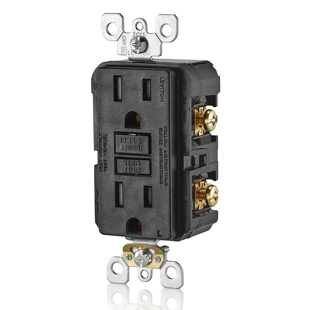 Leviton GFCI outlet front view in black showing tamper-resistant shutters.