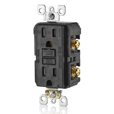 Leviton GFCI outlet front view in black showing tamper-resistant shutters.