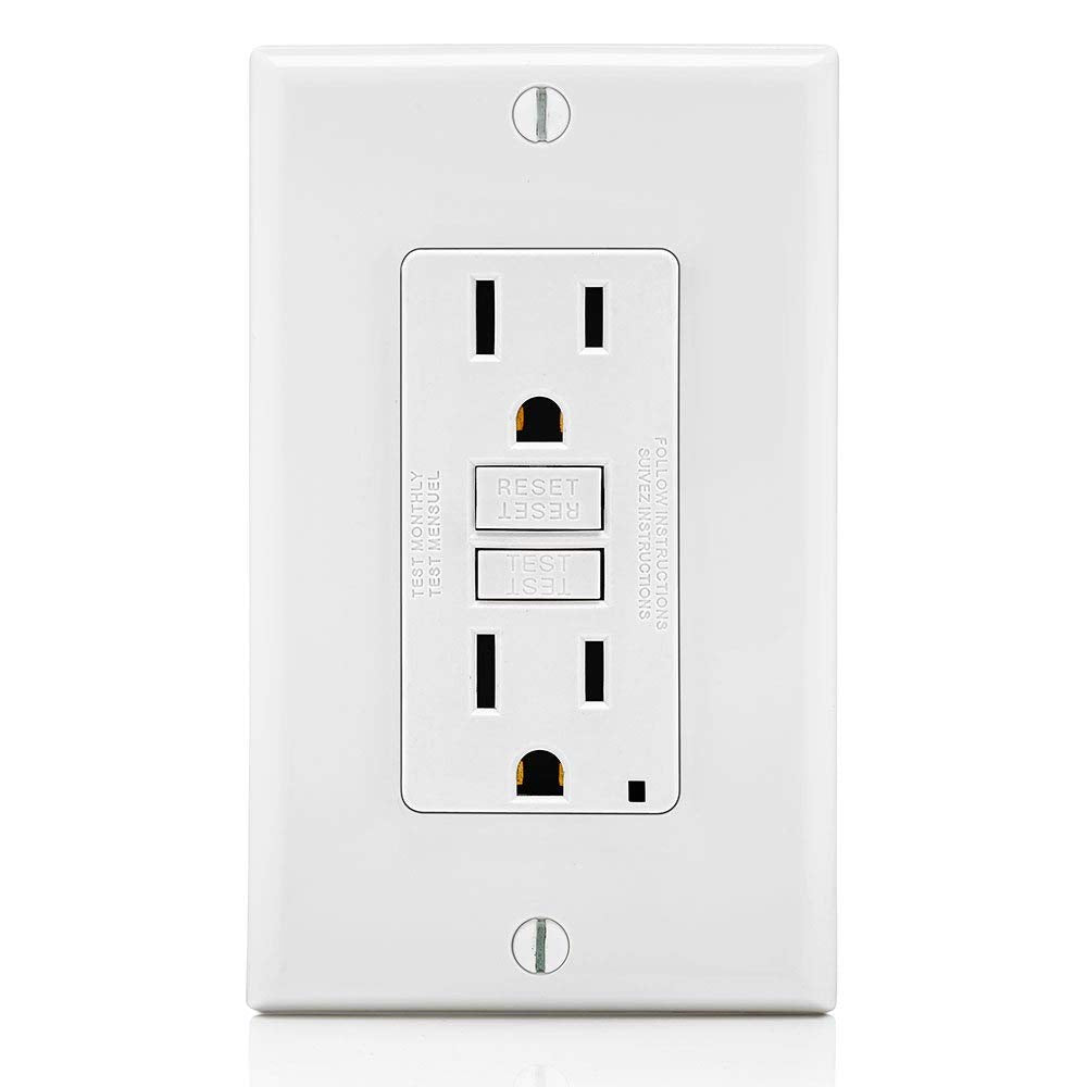 Leviton GFCI outlet front view for safe use in kitchens and bathrooms.