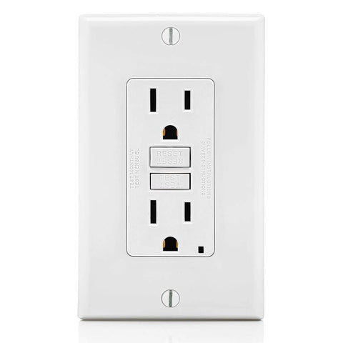 Leviton GFCI outlet front view for safe use in kitchens and bathrooms.