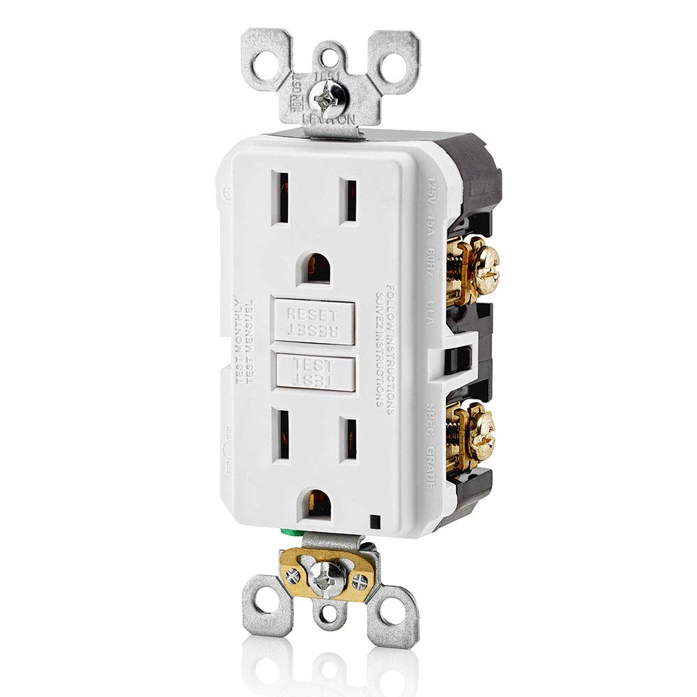 Leviton GFCI outlet installation suitable for kitchens, bathrooms, and garages.