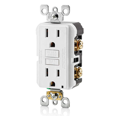 Leviton GFCI outlet installation suitable for kitchens, bathrooms, and garages.