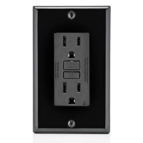 Leviton GFCI outlet with LED glow highlights easy status check during installation.