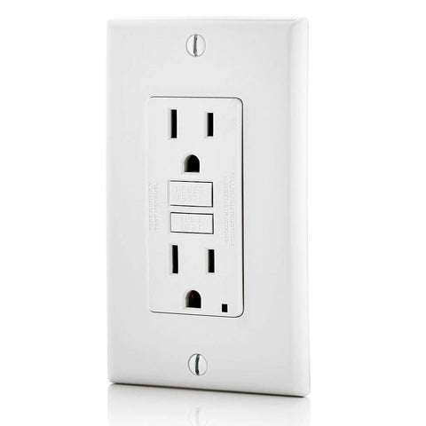 Leviton GFCI outlet with LED indicator shows power and protection status.