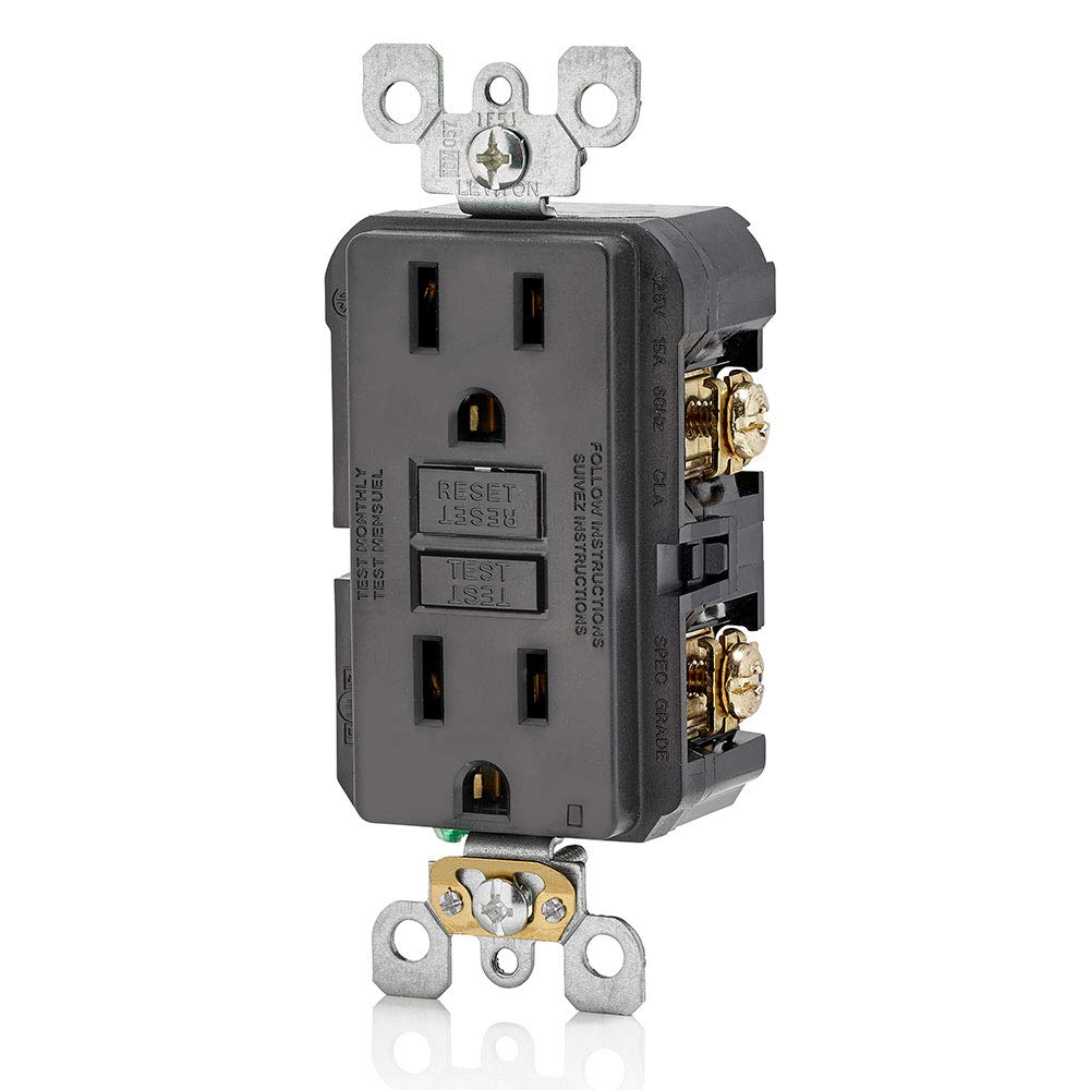 Leviton GFCI outlet close-up reset/lockout detail ensures safe reset when wiring is unsure.