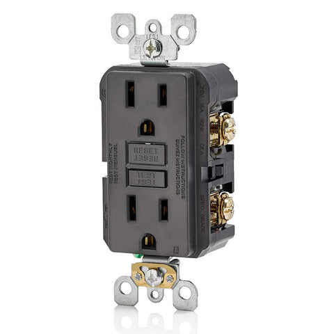 Leviton GFCI outlet close-up reset/lockout detail ensures safe reset when wiring is unsure.