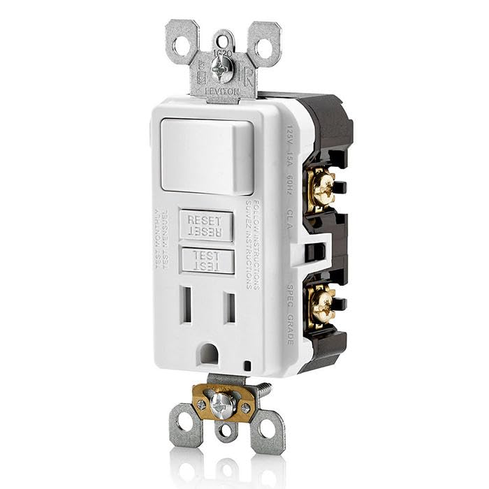 Leviton GFCI Switch Combo in bathroom use for safer, code-compliant outlets.