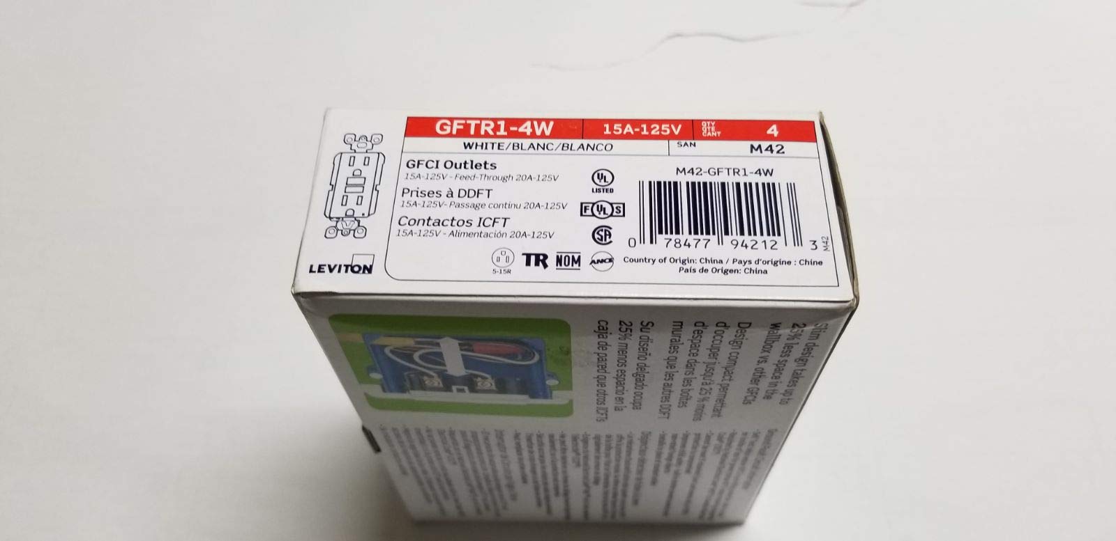 Leviton GFTR1-4W GFCI back wiring layout for easy installation.
