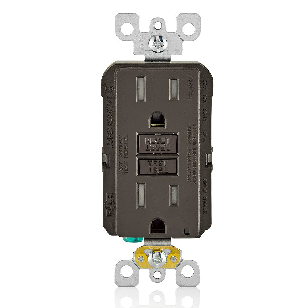Leviton GFTR1 brown GFCI outlet front view with protective features for near wet areas
