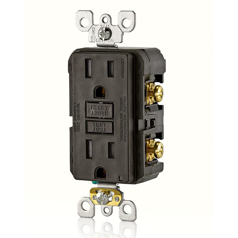 Leviton GFTR1 brown outlet showing the self-test button for proactive safety checks