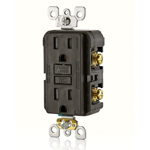 Leviton GFTR1 brown outlet showing the self-test button for proactive safety checks