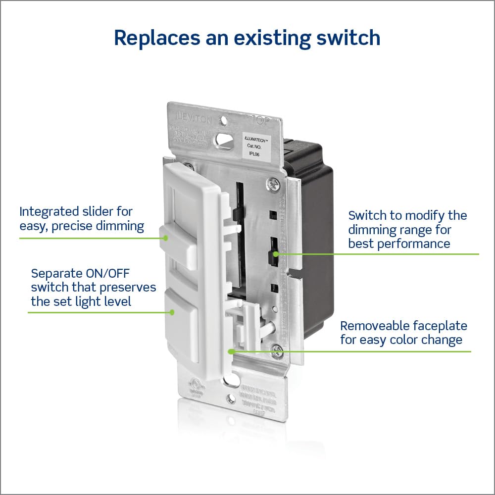 Leviton IllumaTech dimmer side view highlighting slim wall profile.