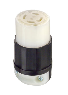 Leviton L16-30R locking connector front view for secure 3-phase power in harsh environments.