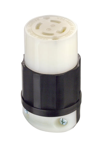 Leviton L16-30R locking connector front view for secure 3-phase power in harsh environments.