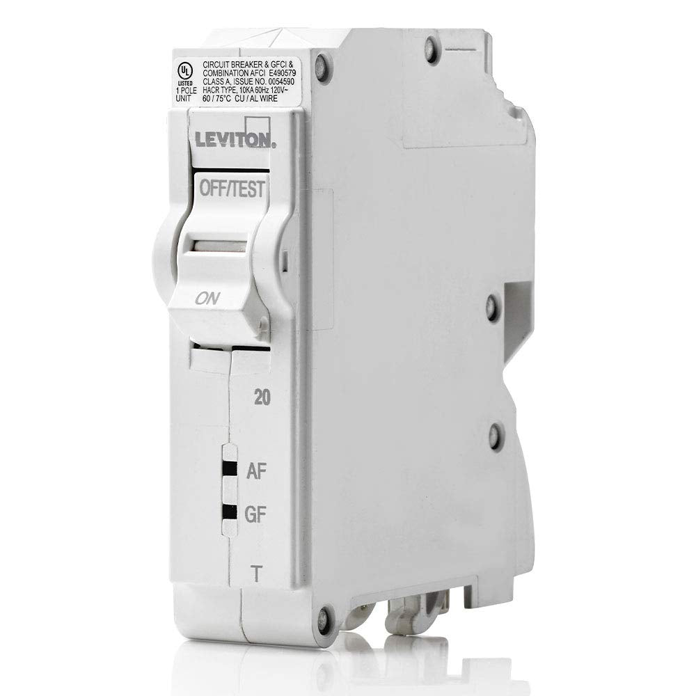 Leviton LB120-DFT front view shows a compact 20A AFCI/GFCI breaker for safe homes