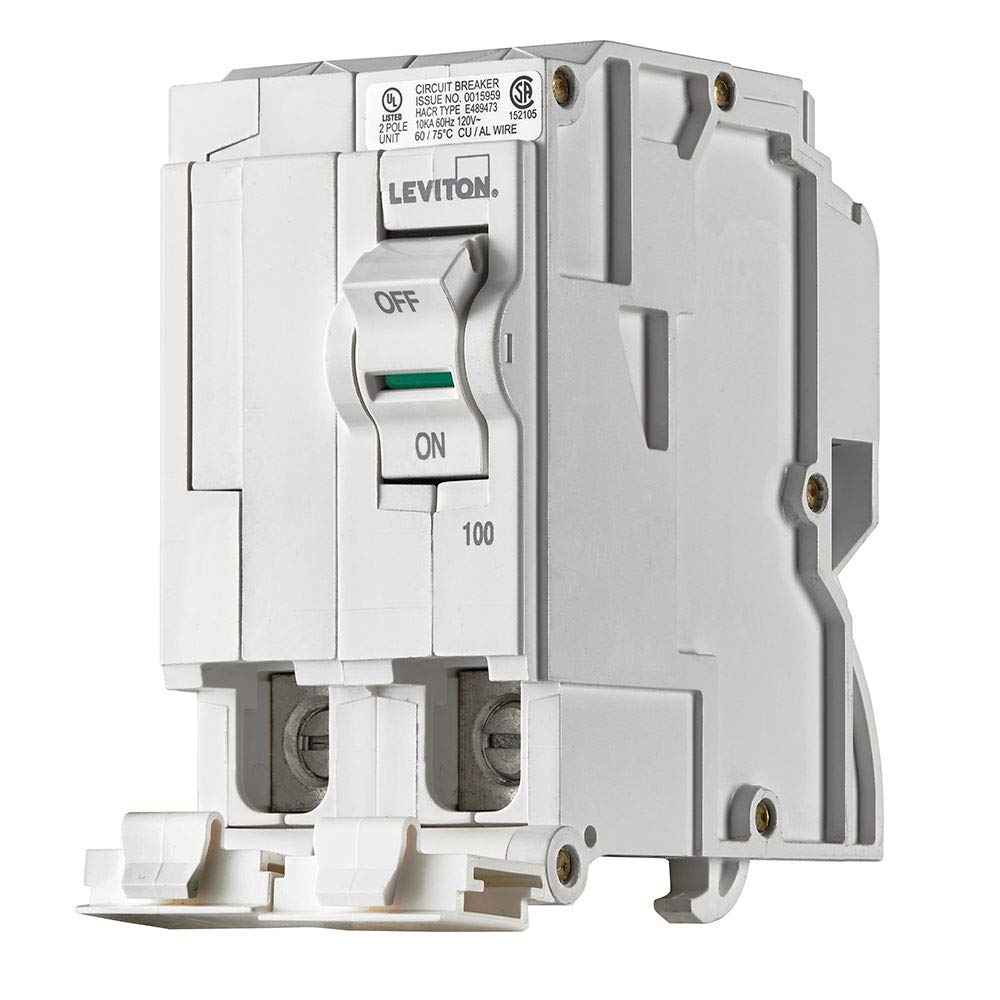 Leviton LB200 100A breaker front view with plug-on design for easy final wiring.