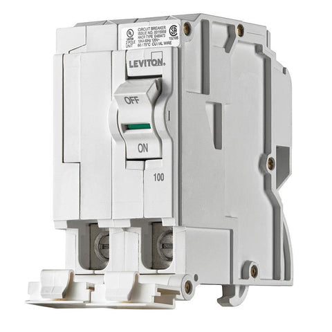 Leviton LB200 100A breaker front view with plug-on design for easy final wiring.