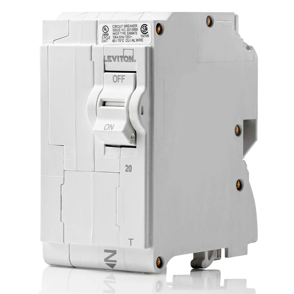Leviton LB220-T 2-pole breaker front view showing compact design.