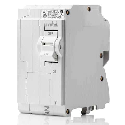 Leviton LB220-T 2-pole breaker front view showing compact design.