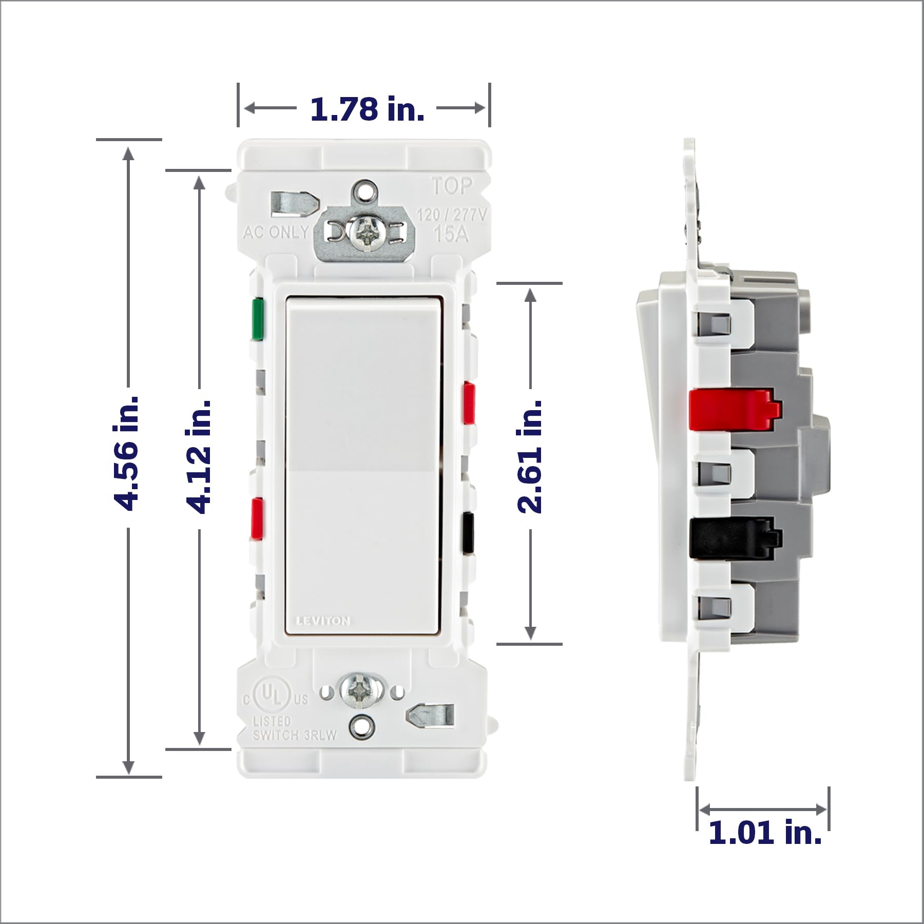 Leviton Lever Edge 3-Way 15A switch close-up of ground terminal.