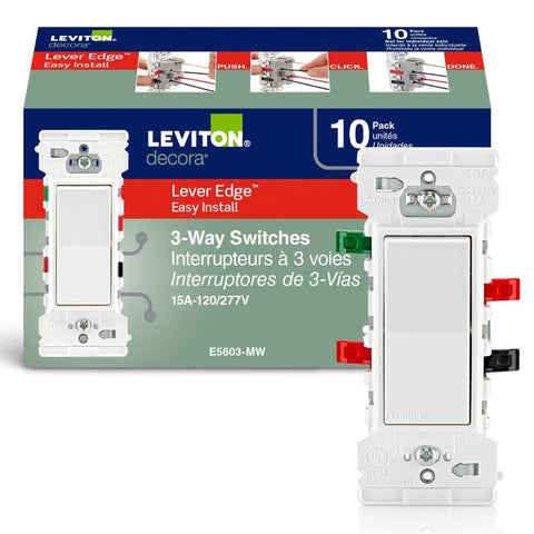 Leviton Lever Edge 3-Way switch packaging highlights 10-pack convenience.